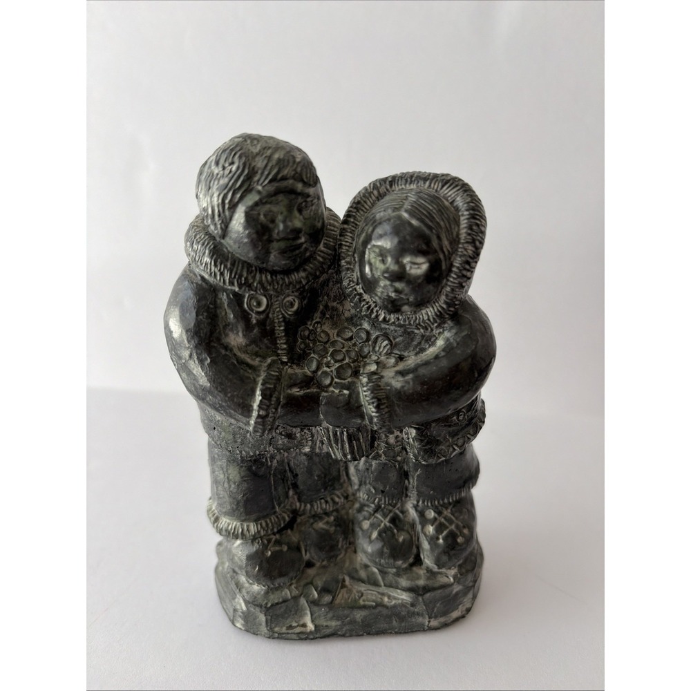 Wolf Original Inuit Couple Soap Stone Carving Sculpture  Canada Vintage